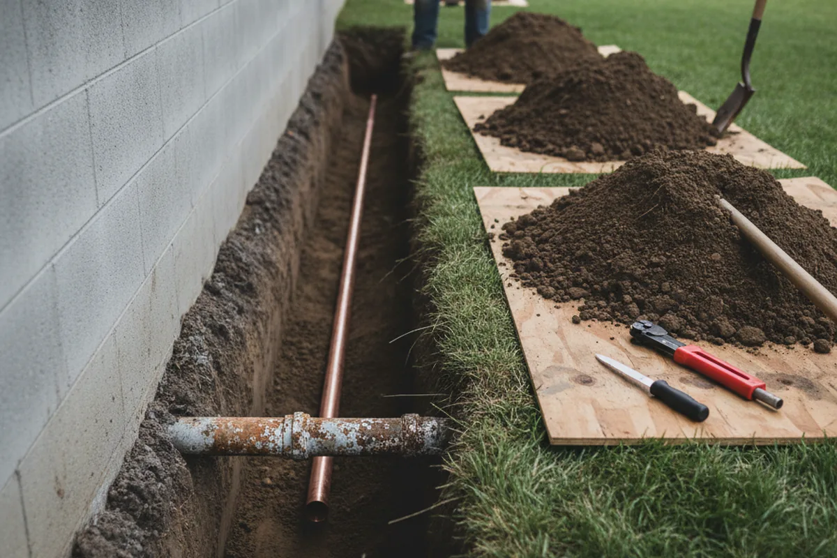 Excavated water line trench during Sewer Line Repair in Johnson City